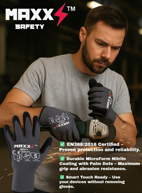 MAXX Safety Work Gloves-12 pairs Touchscreen compatible, Nylon and Spandex, Palm Coated Micro Foam Nitrile with Dots Grip Gloves for use in Construction, Mechanics, Warehouse and General work.