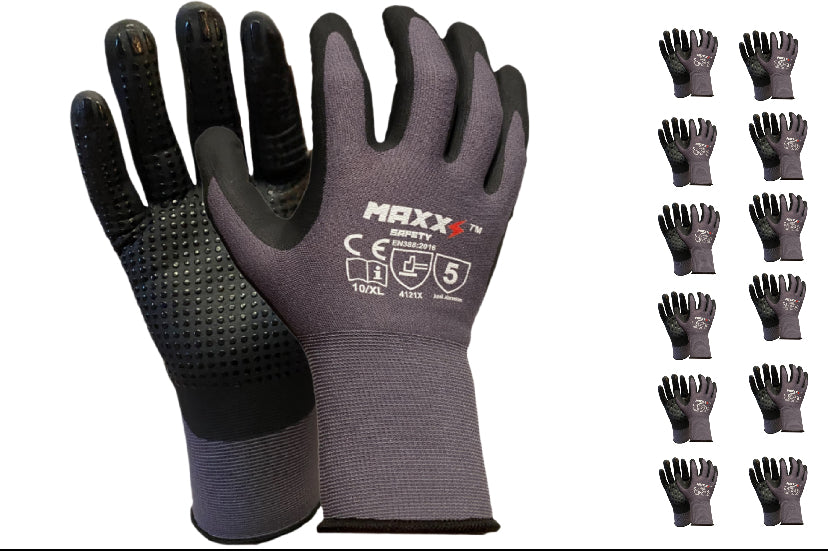 MAXX Safety Work Gloves-12 pairs Touchscreen compatible, Nylon and Spandex, Palm Coated Micro Foam Nitrile with Dots Grip Gloves for use in Construction, Mechanics, Warehouse and General work.