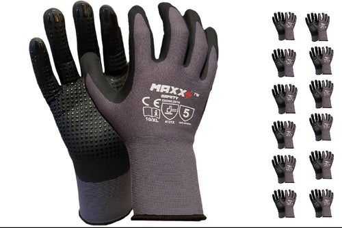 MAXX Safety Work Gloves-12 pairs Touchscreen compatible, Nylon and Spandex, Palm Coated Micro Foam Nitrile with Dots Grip Gloves for use in Construction, Mechanics, Warehouse and General work.