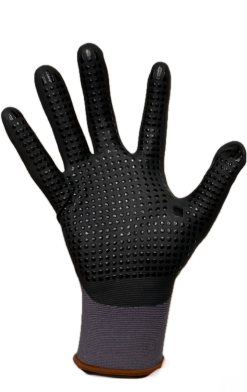 MAXX Safety Work Gloves-12 pairs Touchscreen compatible, Nylon and Spandex, Palm Coated Micro Foam Nitrile with Dots Grip Gloves for use in Construction, Mechanics, Warehouse and General work.