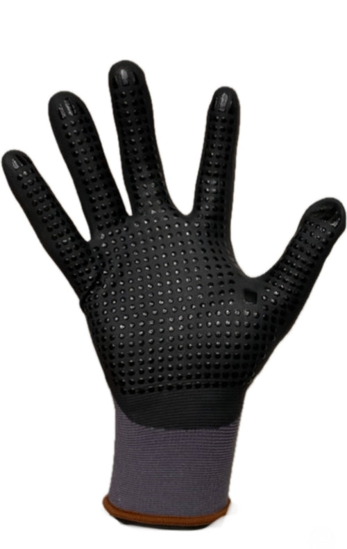 MAXX Safety Work Gloves-12 pairs Touchscreen compatible, Nylon and Spandex, Palm Coated Micro Foam Nitrile with Dots Grip Gloves for use in Construction, Mechanics, Warehouse and General work.