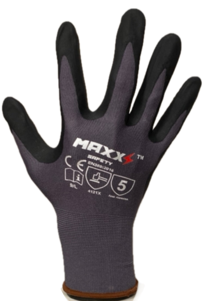 MAXX Safety Work Gloves-12 pairs Touchscreen compatible, Nylon and Spandex, Palm Coated Micro Foam Nitrile with Dots Grip Gloves for use in Construction, Mechanics, Warehouse and General work.