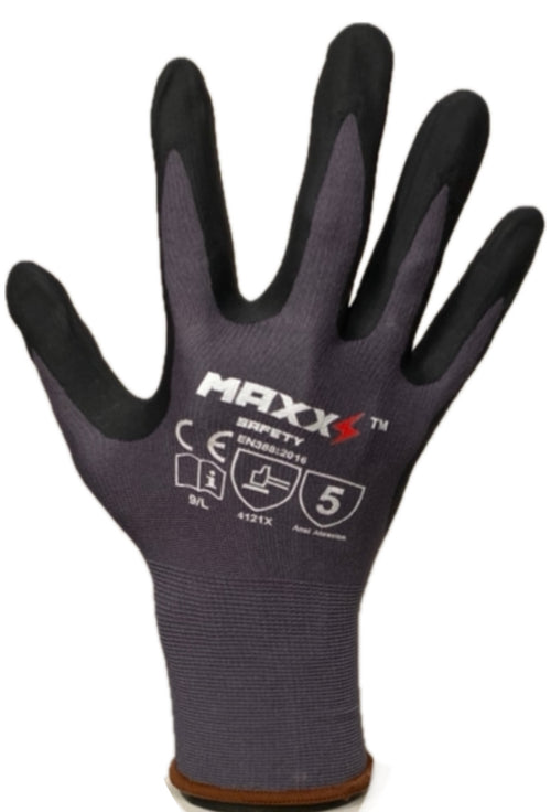 MAXX Safety Work Gloves-12 pairs Touchscreen compatible, Nylon and Spandex, Palm Coated Micro Foam Nitrile with Dots Grip Gloves for use in Construction, Mechanics, Warehouse and General work.