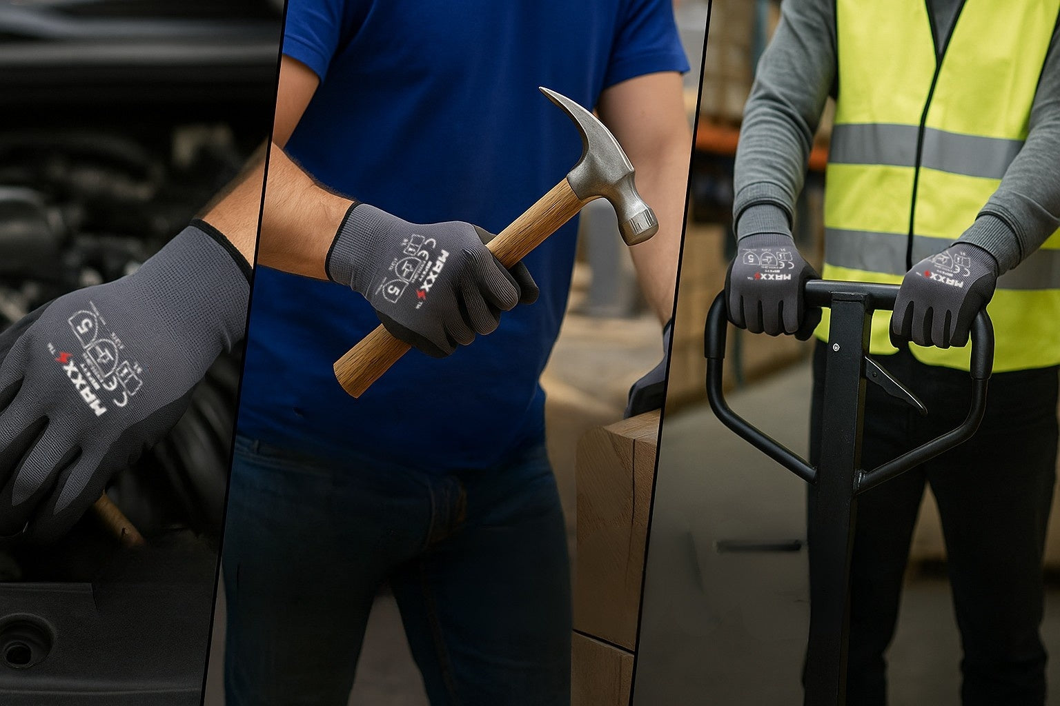 MAXX Safety Work Gloves-12 pairs Touchscreen compatible, Nylon and Spandex, Palm Coated Micro Foam Nitrile with Dots Grip Gloves for use in Construction, Mechanics, Warehouse and General work.